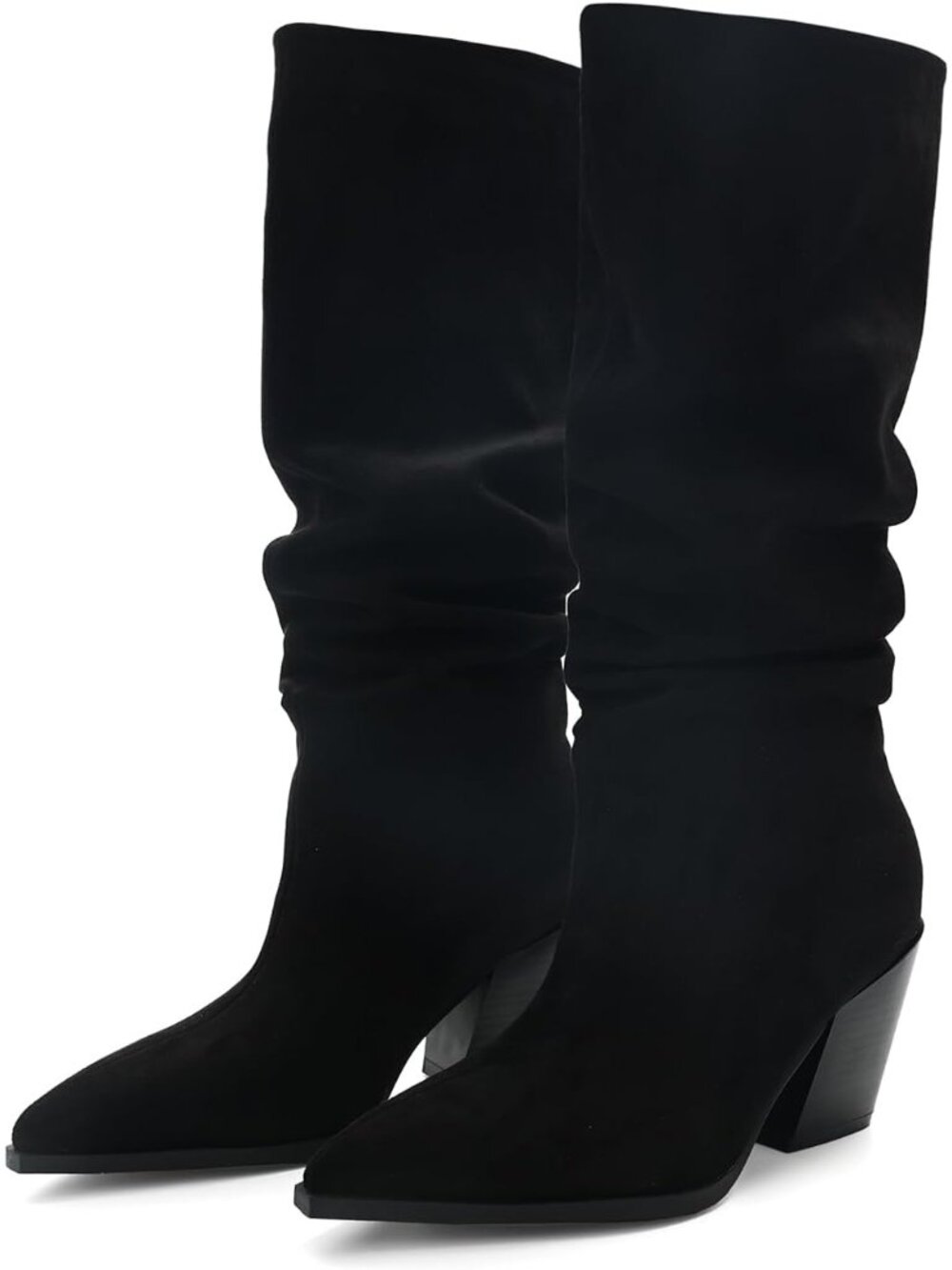 Women's Black Faux Suede Pointed Toe Block Straight Shaft Heel Dress Boots